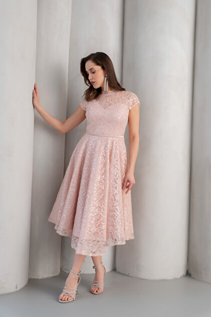 Lafaba Women's Powder Color Short Sleeve Sequined Midi Flared Promise  Engagement Wedding Evening Dress- Trendyol