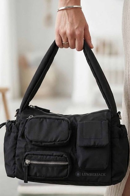 Kadın Siyah Çok Cepli Baget Kol Çantası - Utility Street Style 10x30x18 CM