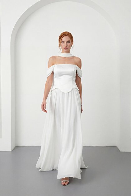 Lafaba Women's White Shawl Collar Strapless Promise Engagement Evening Dress-  Trendyol