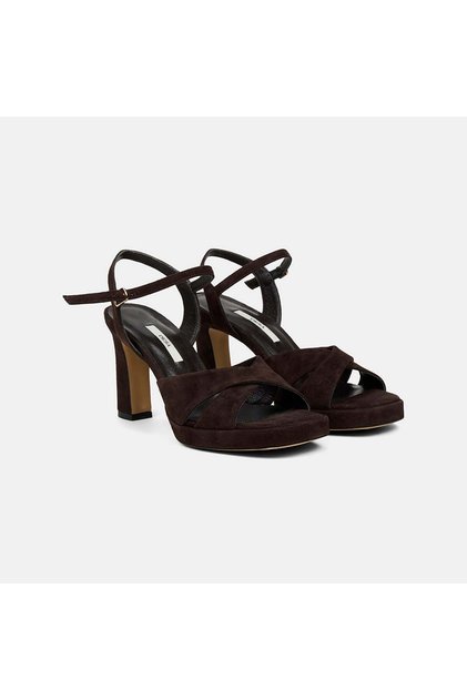 Women's Brown Cross-Strapped Thick-Heeled Suede Evening Dress Sandals