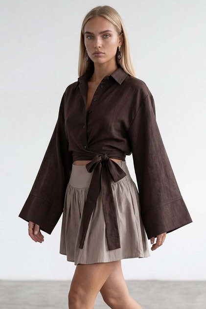 Women's bitter brown wide cuffed sleeve detailed front tie linen shirt alc-x15424