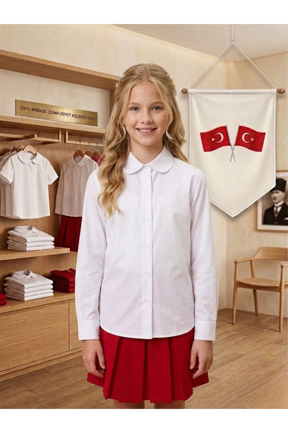 Kız Çocuk Beyaz Uzun Kol Pamuklu Bebe Yaka Okul ve Gösteri Gömleği