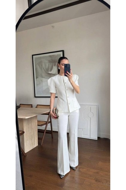 Kare Cepli Karpuz Kol Ceketli İspanyol Paça Takım - Retro Stil