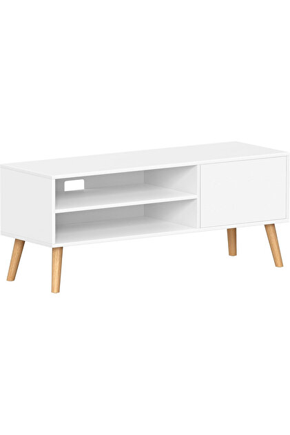 Comodă TV 120 cm, 2 rafturi și dulap cu deschidere prin apăsare, PAL și lemn, 120x40x49 cm, alb
