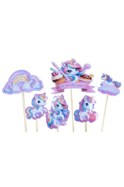 Topper pentru tort Unicorn – Carton lucios, Set de 6 bucăți 9–17 cm | Petrecere pentru copii