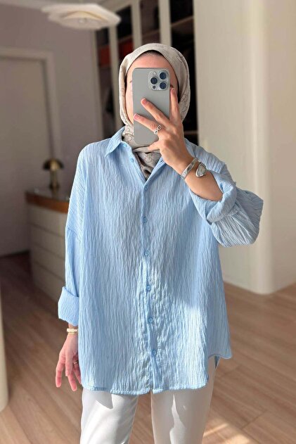 Embroidered Sequin Detail Oversize Shirt - Blue