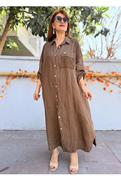 DenizEge Italian Linen Shirt Dress Beige- Trendyol