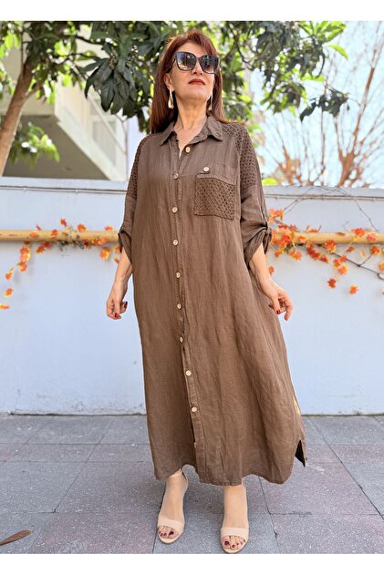 DenizEge Italian Linen Shirt Dress Brown- Trendyol DenizEge Italian Linen Shirt Dress Brown- Trendyol