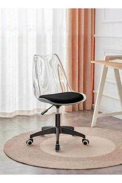 Modern Clear White Office Chair, Swivel Adjustable Height, Padded Black, with Wheels, Black Legs
