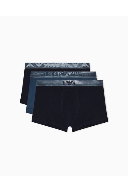 Erkek Esnek Pamuklu Logo Detaylı Elastik Bel Bantlı Üçlü Paket Mavi Boxer EM000259 AF18886-MB396