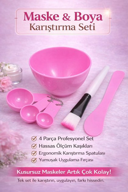Maske & Boya Karıştırma Seti 4 Parça – Pembe Cilt Bakım Kiti (Tası + Kaşık + Spatula + Fırça)