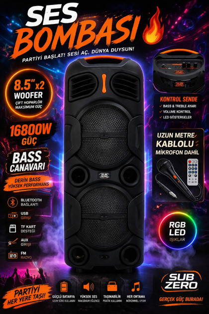 Arasta Subzero 16800W Bluetooth Party Speaker | Çift 8.5” Woofer