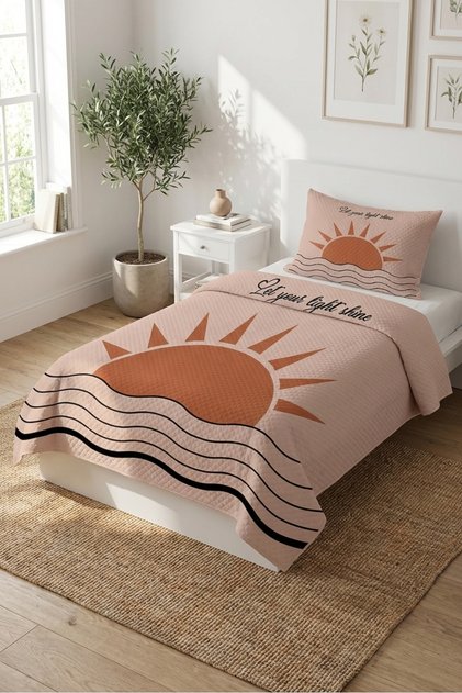 Sunset Wave Patterned Teenager's Pique Set - Boho Coastal Themed Powder Tile Decorative Bedspread