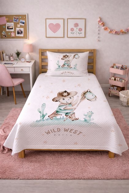 Cowboy Desert Starry Children's Single Pique Set-Rodeo Adventure Bohemian Mint Beige Decorative Bedspread