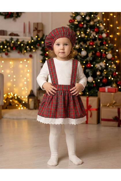 Set cu fustita, bluza, boneta, alb-rosu