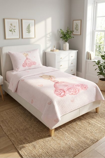 Romantic Princess Rose Patterned Children's Pique Set Single - Powder Ecru Quilted Bedspread