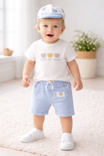 Teddy Summer Baby Boy Set 3 Piece Cotton Set
