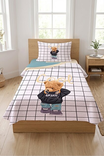 Checkered Cute Teddy Bear Patterned Children's Pique Set-Urban Theme Modern Black Mint Decorative Bedspread