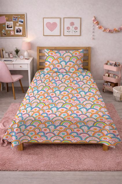 Rainbow Floral Patterned Children's Single Pique Set-Pastel Play Modern Pink Quilted Bedspread