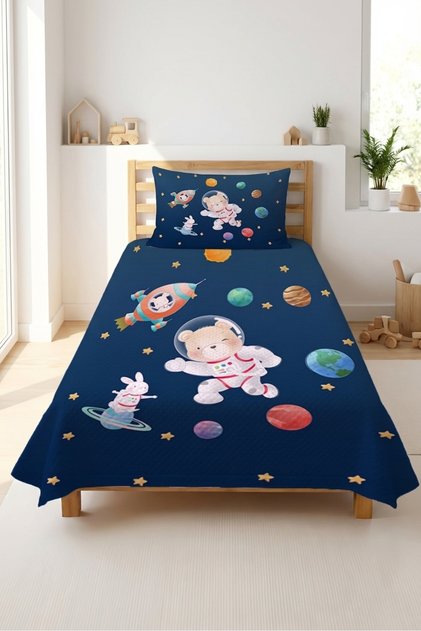 Space Astronaut Rocket Planet Navy Blue Children's Pique Set-Galaxy Themed Modern Yellow Blue Bedspread