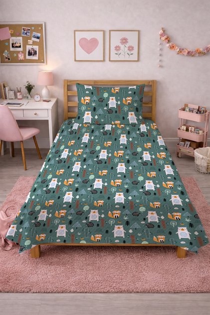 Fox Teddy Bear Forest Patterned Baby Pique Set - Fairytale Nature Nordic Green Decorative Bedspread