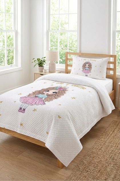 Set de lenjerie de pat Unicorn Girl Starry Baby Pique - Cuvertură de pat matlasată Nordic Powder Ecru prințesă din poveste