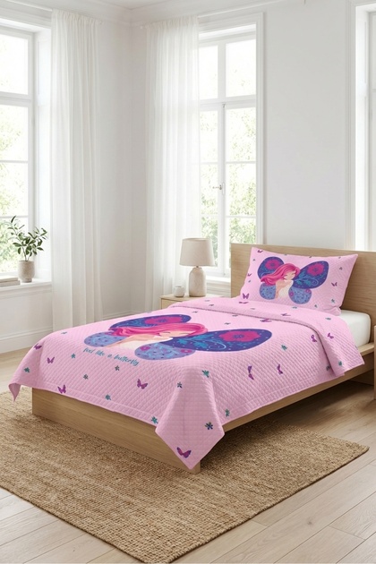 Butterfly Fairy Floral Pink Baby Pique Set - Fairy Tale Themed Modern Lilac Fuchsia Quilted Bedspread