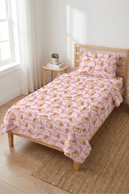Cute Chick Ribbon Patterned Teenager Pique Set-Candy Girl Modern Powder Salmon Decorative Bedspread