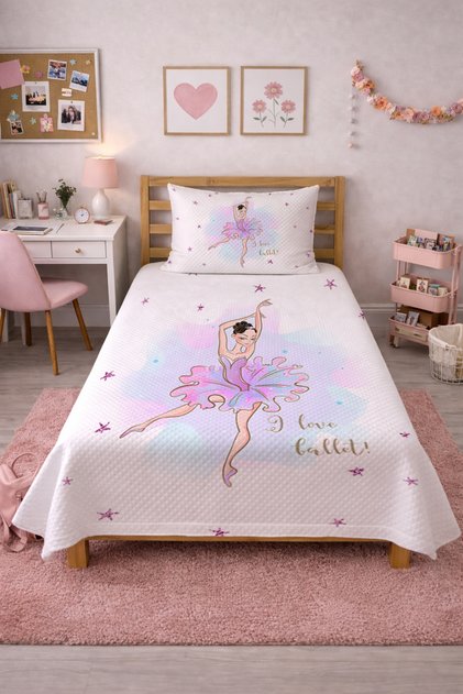 Ballerina Star Pastel Children's Single Pique Set-Princess Modern Pink Lilac Decorative Bedspread