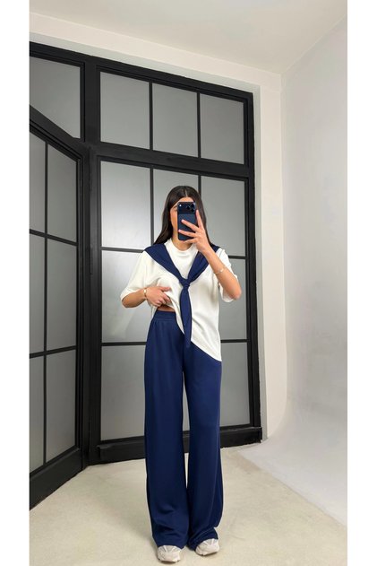 Set de trening pentru femei, cu tricou basic cu detalii tip șal și pantaloni cu talie elastică