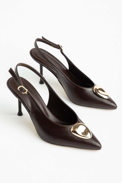 Women's Thin Heeled Shoes Stiletto Brown Galvanized Heel with Metal Accessories