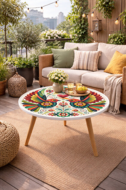 Renkli Folk Art Desenli 3 Ayaklı Dekoratif Sehpa