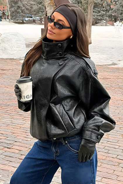 Women's Black Zr Model Oversize Viral High Collar Leather Jacket