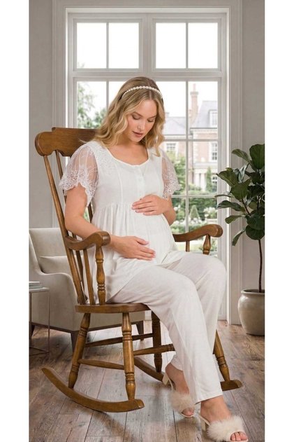 New Season Ecru Lace Detailed Buttoned Special Design Summer Cotton Maternity Pajama Set