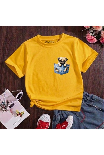 Chest Pocket Dog Printed 100% Cotton Crew Neck Kids Unisex T-Shirt 5 6 -7 8-9 10 -11 12 Years Old