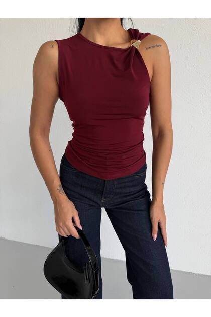 Women's Burgundy One-Shoulder Sandy Fabric Blouse with Accessories