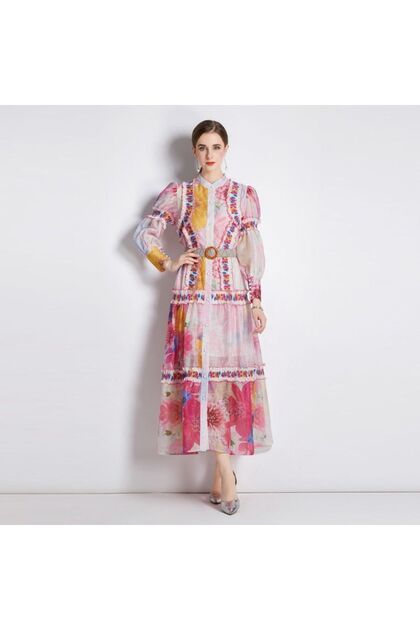 Vintage Floral Print Maxi Dress with Belt and Ruffles
