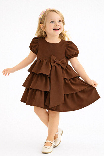zepkids Girls' Brown Layered Ruffle Dress  Short Sleeve Stylish Design  Party and Special Occasion Dress - Trendyol
