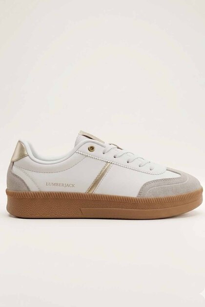 【つばき】小5V Lumberjack Beyaz Kadın Sneaker - Taba Kauçuk Tabanlı Günlük