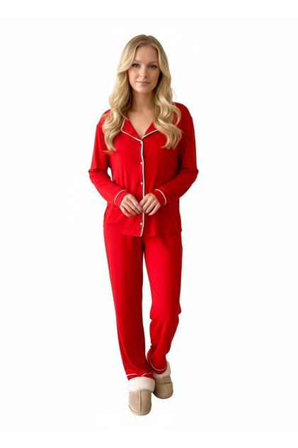 Red Buttoned Ribbed Long Pajama Set