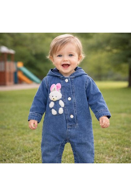 Girl's Baby Jeans Rabbit Toy Hooded Jumpsuit (6/9/12/18) Months
