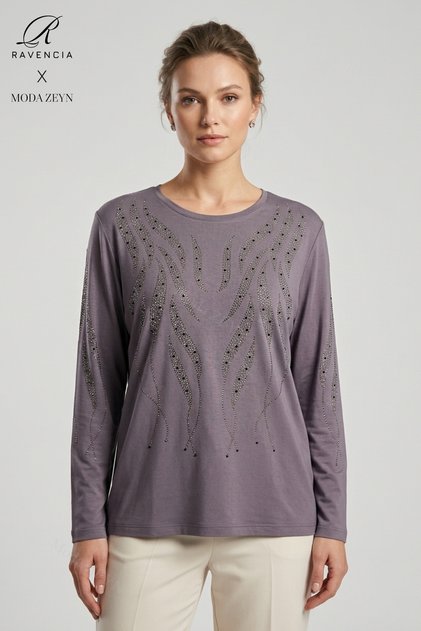 Women's Gray Spiral Stick Patterned Collar Sleeve Embroidered Stoned Slit Lycra Mother Combed Cotton Blouse