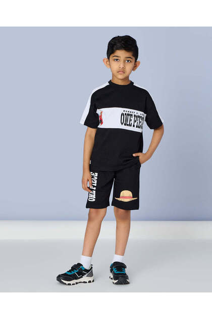 Boys Black Printed T-Shirt And Shorts Set