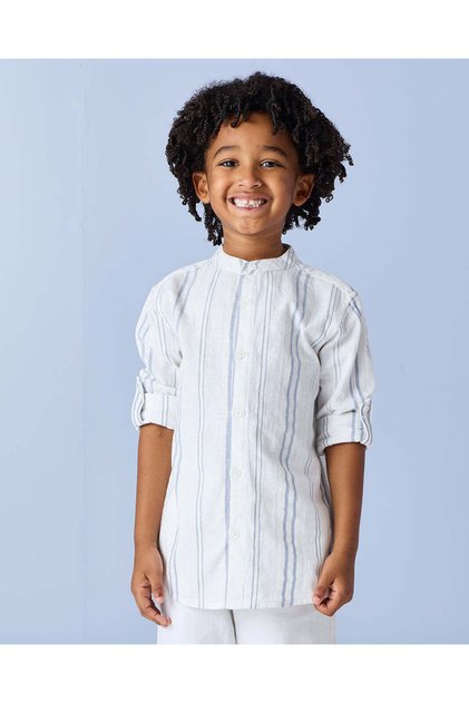 Boys White Striped Mandarin Collar Shirt