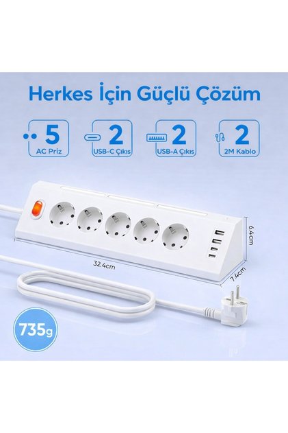 5’li Akım Korumalı Köşe Çoklu Priz 2 USB-A 2 USB-C Gece Işıklı Dokunmatik 2 Metre Kablolu 3680W