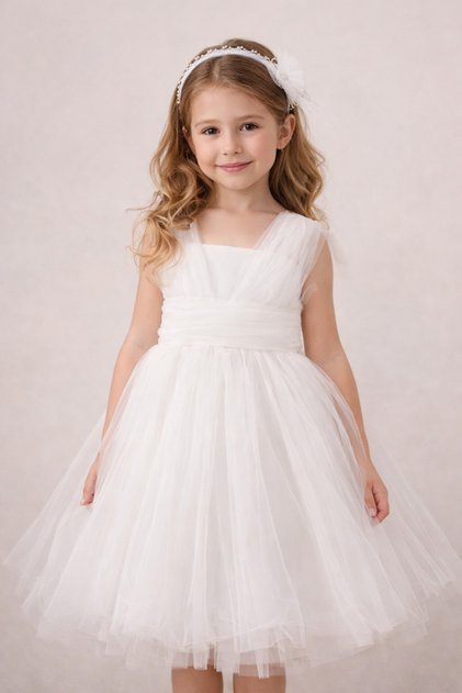 Girl's Ecru Color Tutu Dress Lined Square Collar Tulle Princess Dress with Hair Clip White