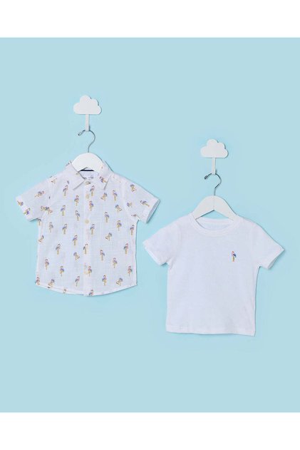 Boys White Printed Shirt With T Shirt