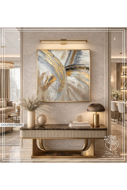 Golden Flow - Dijital Baskılı Gold Metal Çerçeveli Gerçek Camlı Tekli Dekoratif Tablo