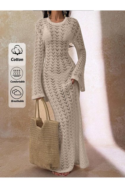 Patterned Long Cotton Openwork Beach Dress