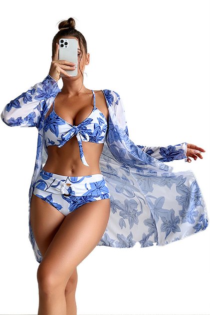 Costum de baie, set 3 piese, model incitant, summer queen, marimea S, alb cu albastru, EFAYN
